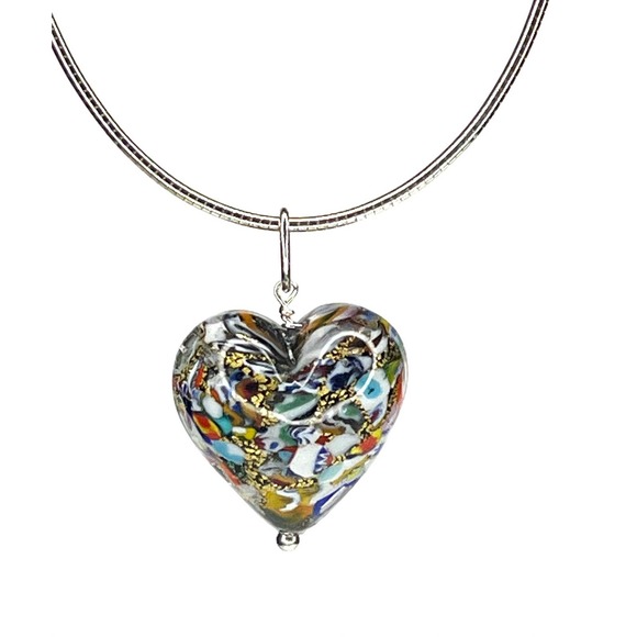 Murano Jewelry Murano Glass Heart Necklace Gold Foil Dyadema Bronze Silver Omega Chain Italy